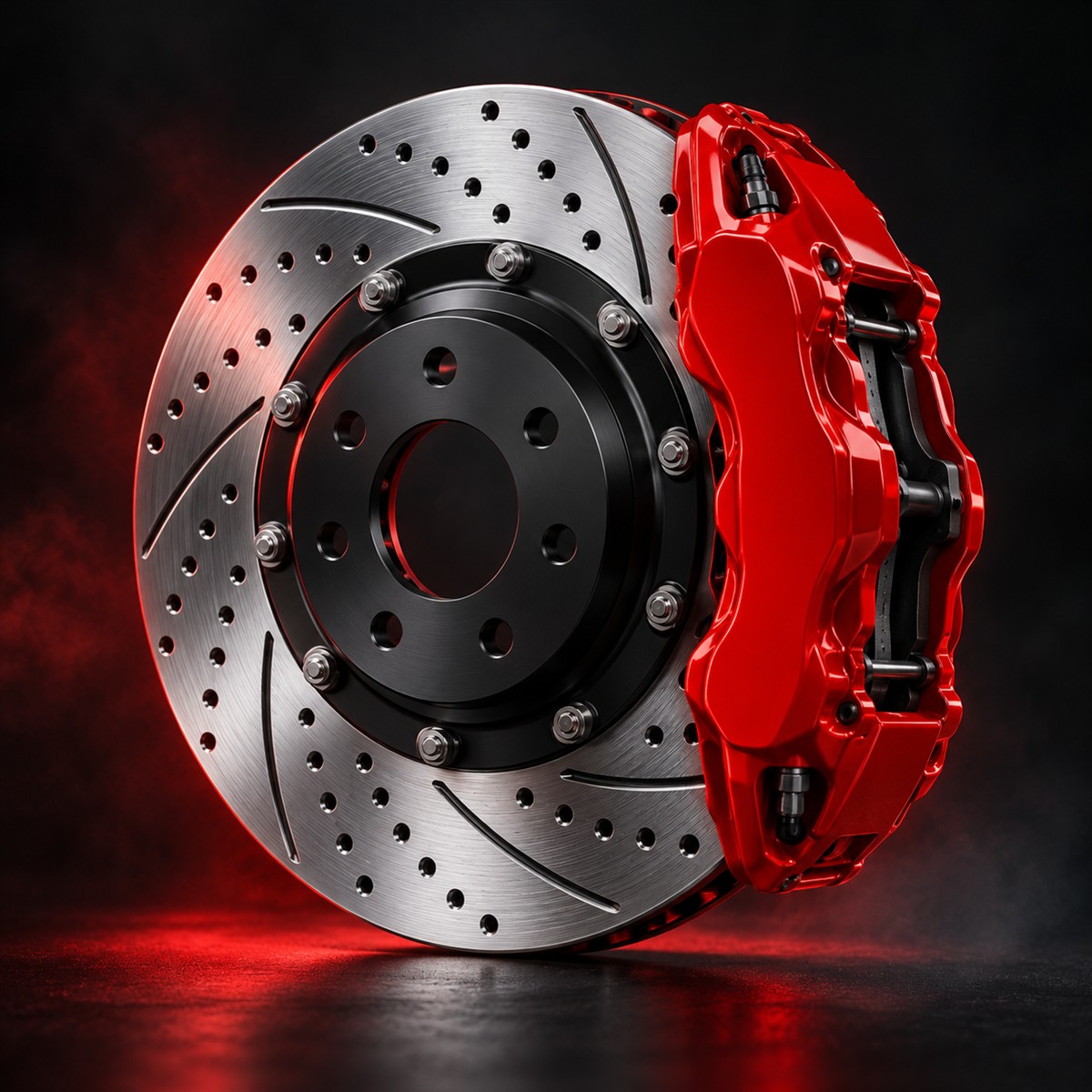 Drilled brake rotor with red caliper